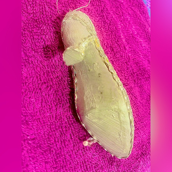 Big shoe ornament silver metallic beaded NWT vtg Satin bow 5" long 2" high heel - Picture 5 of 7